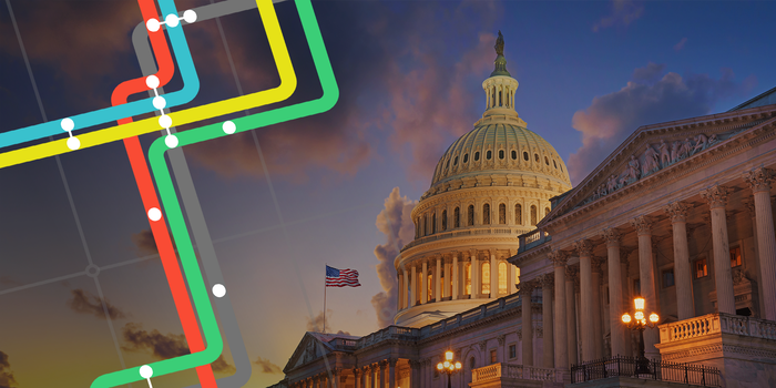 An illustration of the Washington D.C. Metro map overlaying a photo of the U.S. Capitol Building at dusk.
