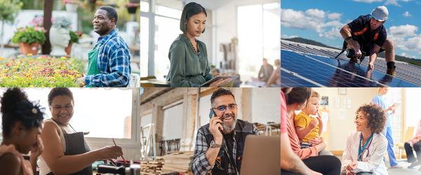 A collage of six images showing people at work in various professions, including gardening, office work, solar panel installation, cooking, carpentry, and healthcare.