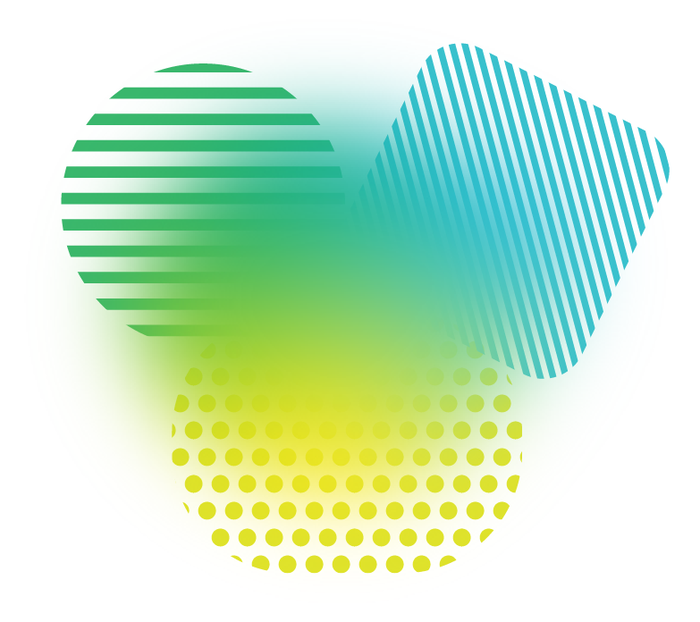Three overlapping shapes with patterns: a green striped circle, a blue striped rounded square, and a yellow circle with dots, with a blurred gradient in the center.
