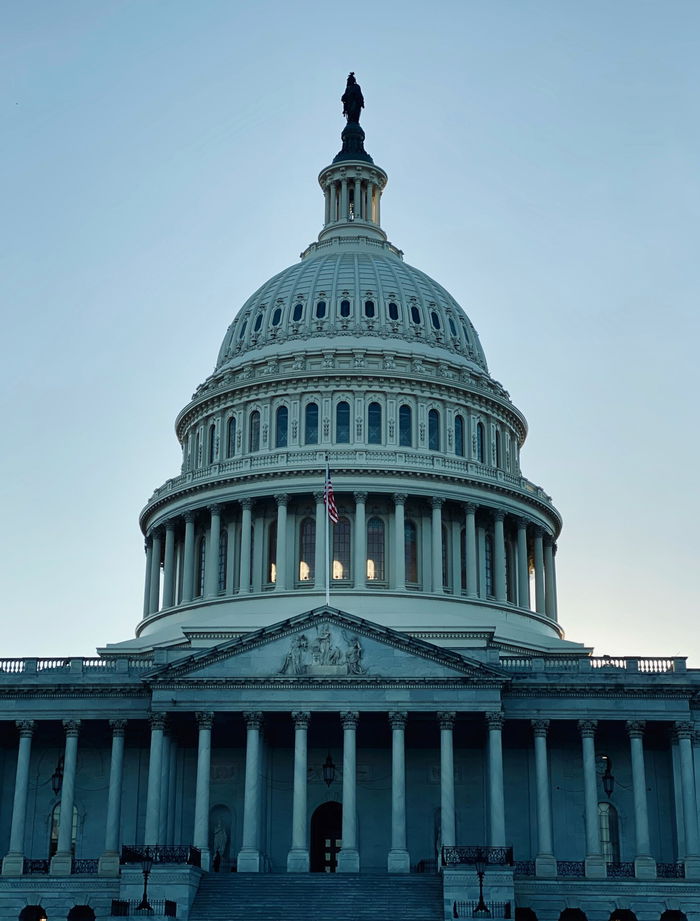 The United States Capitol building with its dome and columns, viewed from the front at dusk, with the American flag displayed.